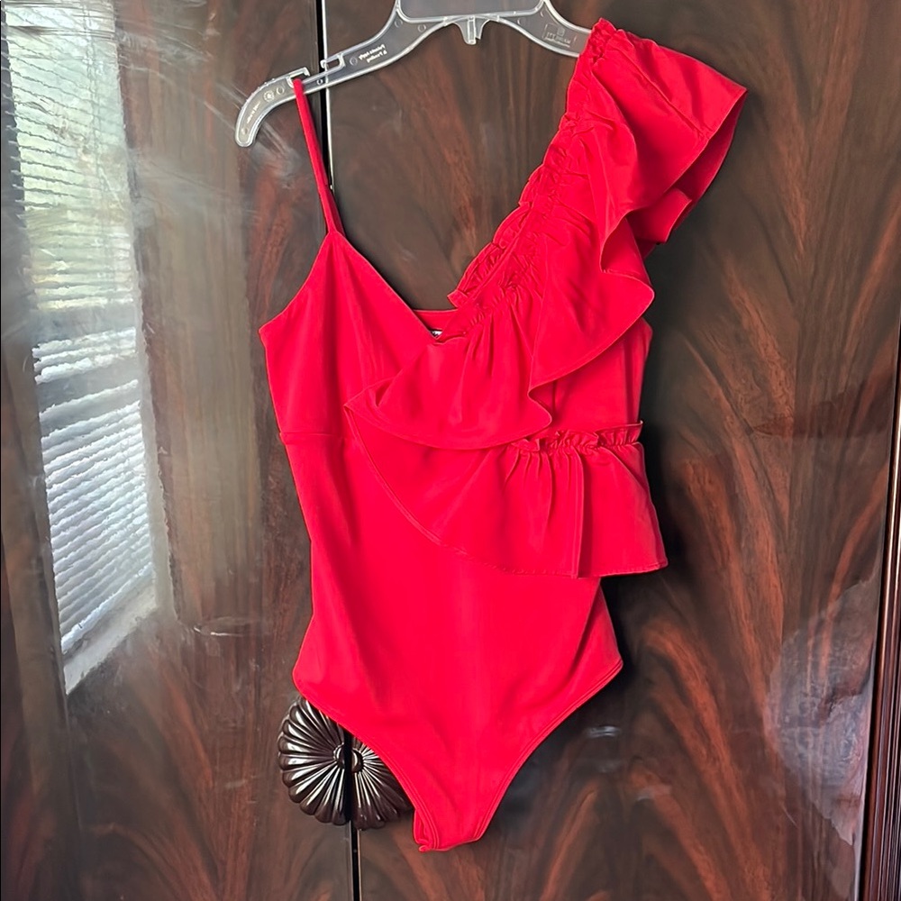 Express Asymmetrical Red Bodysuit with Ruffle Detail